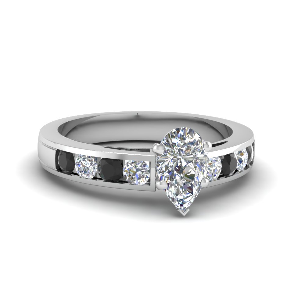 Timeless Channel Pear Engagement Ring With Black Diamond In 14K
