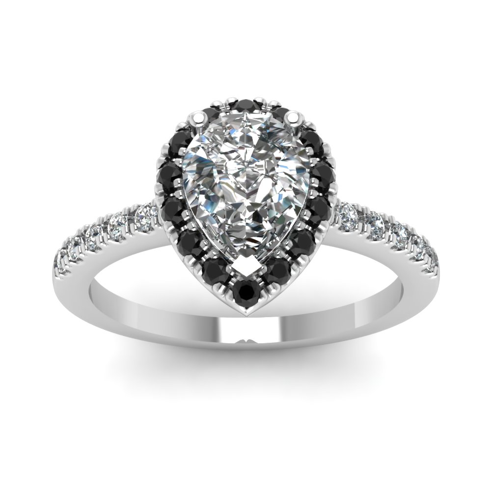 Pear Shaped Black Diamond Halo Engagement Ring In 14K White Gold ...