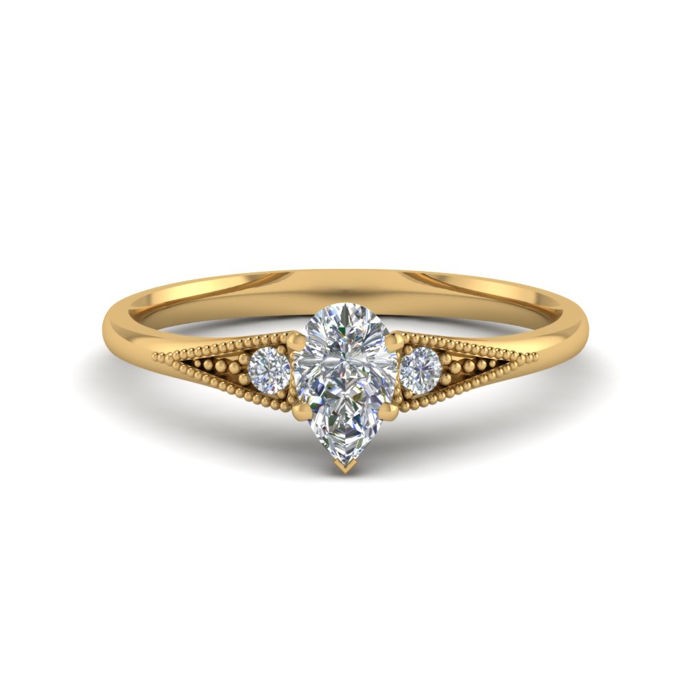 Pear Shaped Small 3 Stone diamond Milgrain Engagement Ring In 14K