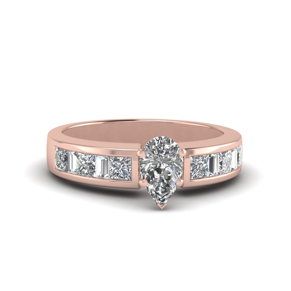 pear shaped thick band diamond and baguette engagement ring in 14K rose gold FDENS350PER NL RG