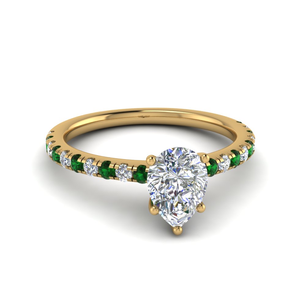 Pear Shaped U Prong Diamond Engagement Ring With Emerald In 14K Yellow ...