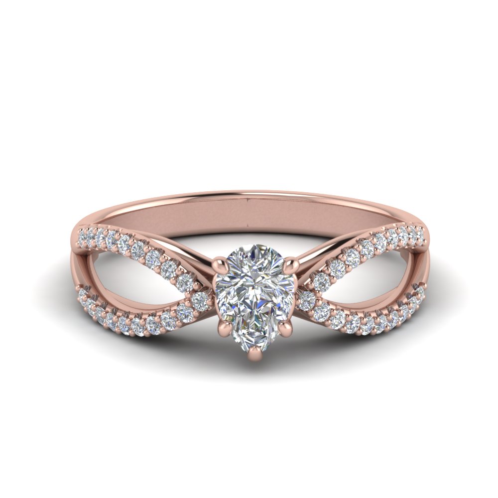 1 Carat Pear Lab Grown Split Shank Diamond Ring with 14K Rose Gold White Diamond