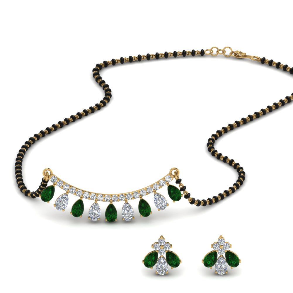 Pear Shaped Emerald Mangalsutra With Earring