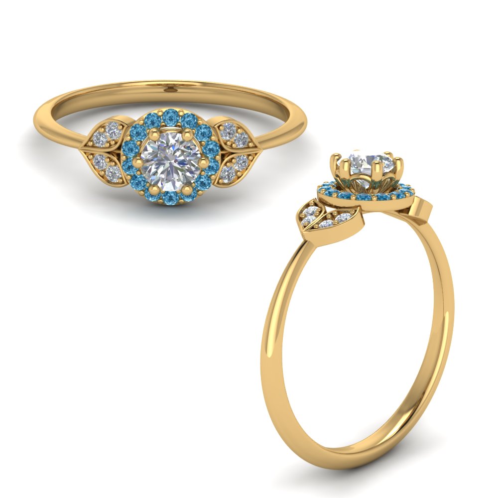 Petal Halo Diamond Engagement Ring With Blue Topaz In 14K Yellow Gold ...