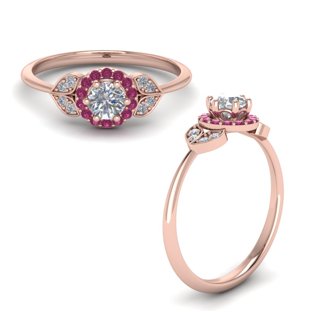 petal halo diamond engagement ring with pink sapphire in FD8629RORGSADRPIANGLE1 NL RG