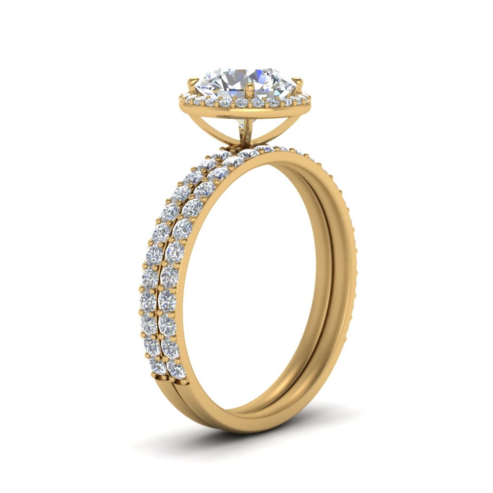 Round Shaped Petite Halo Diamond Wedding Ring Set with White Diamond in 14K Yellow Gold