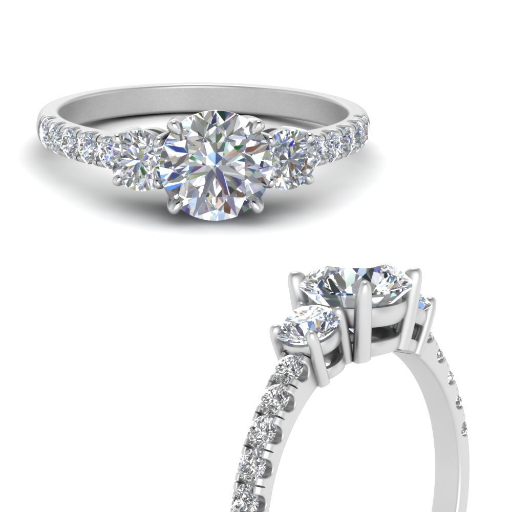 Petite Micropave Three Stone Diamond Engagement Ring In 14K White Gold ...