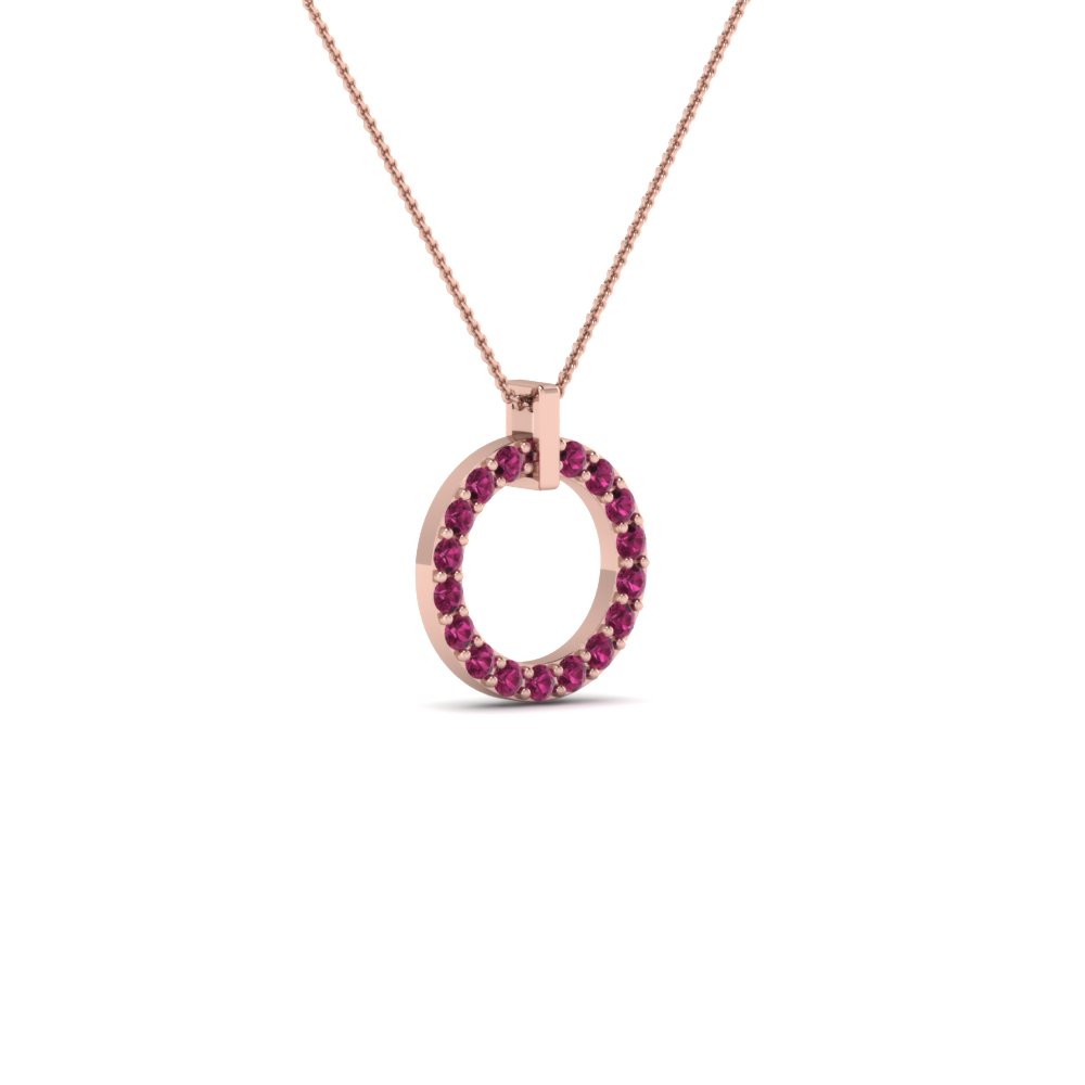 Semi Mount Shaped Diamond Open Circle Pendant Necklace with Pink Sapphire 14K Rose Gold