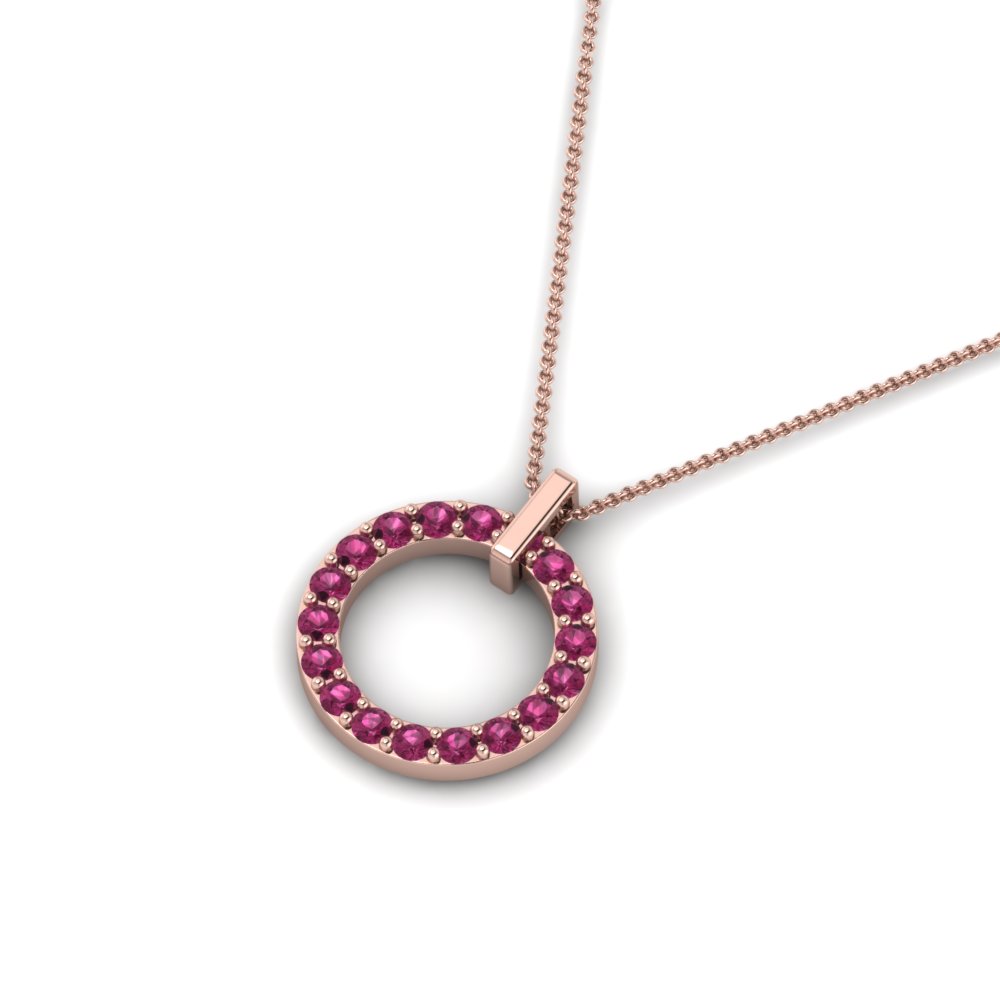 Semi Mount Shaped Diamond Open Circle Pendant Necklace with Pink Sapphire 14K Rose Gold