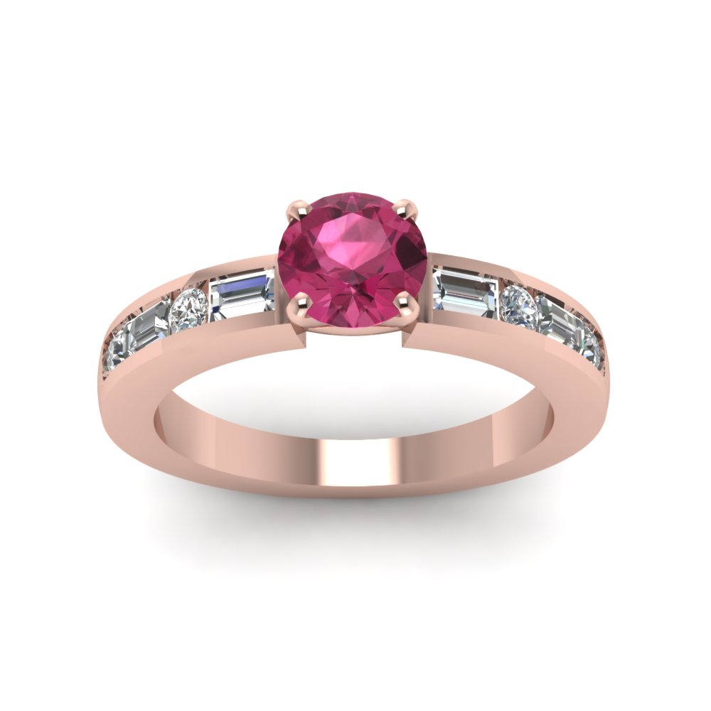 Pink Sapphire Engagement Ring With Baguette Diamond In 14K Rose Gold ...