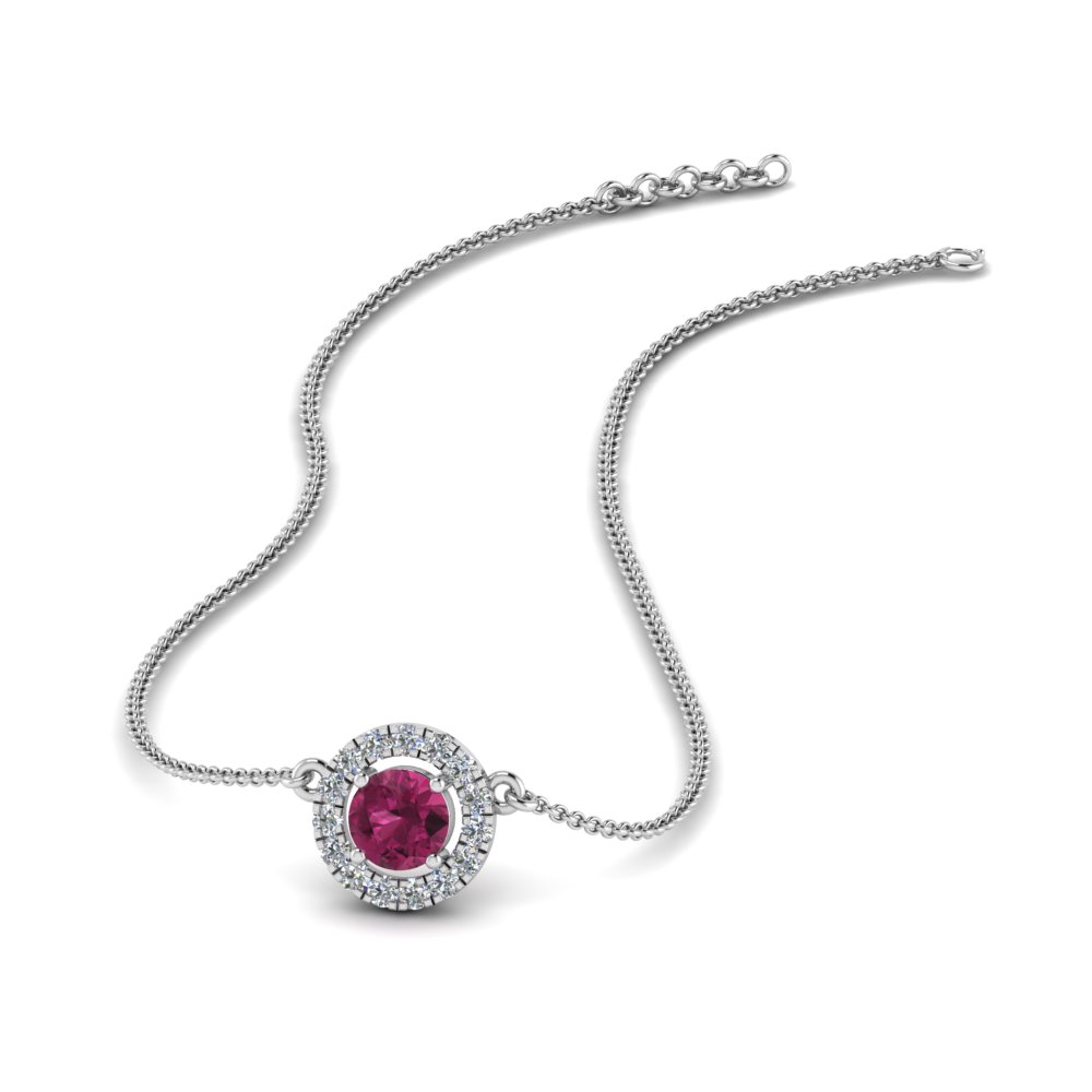 14K White Gold Pink Sapphire And Diamond Halo Necklace