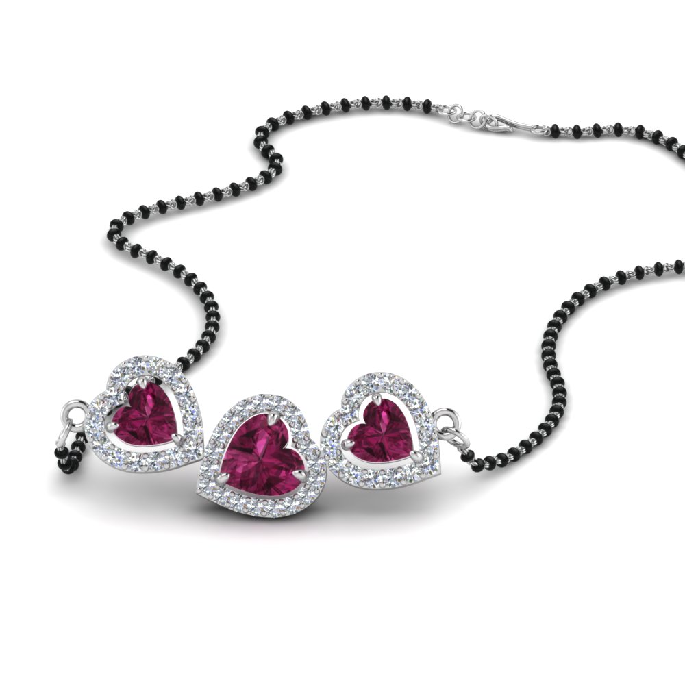 Pink Sapphire Heart 3 Stone Mangalsutra Necklace In 14K White Gold ...