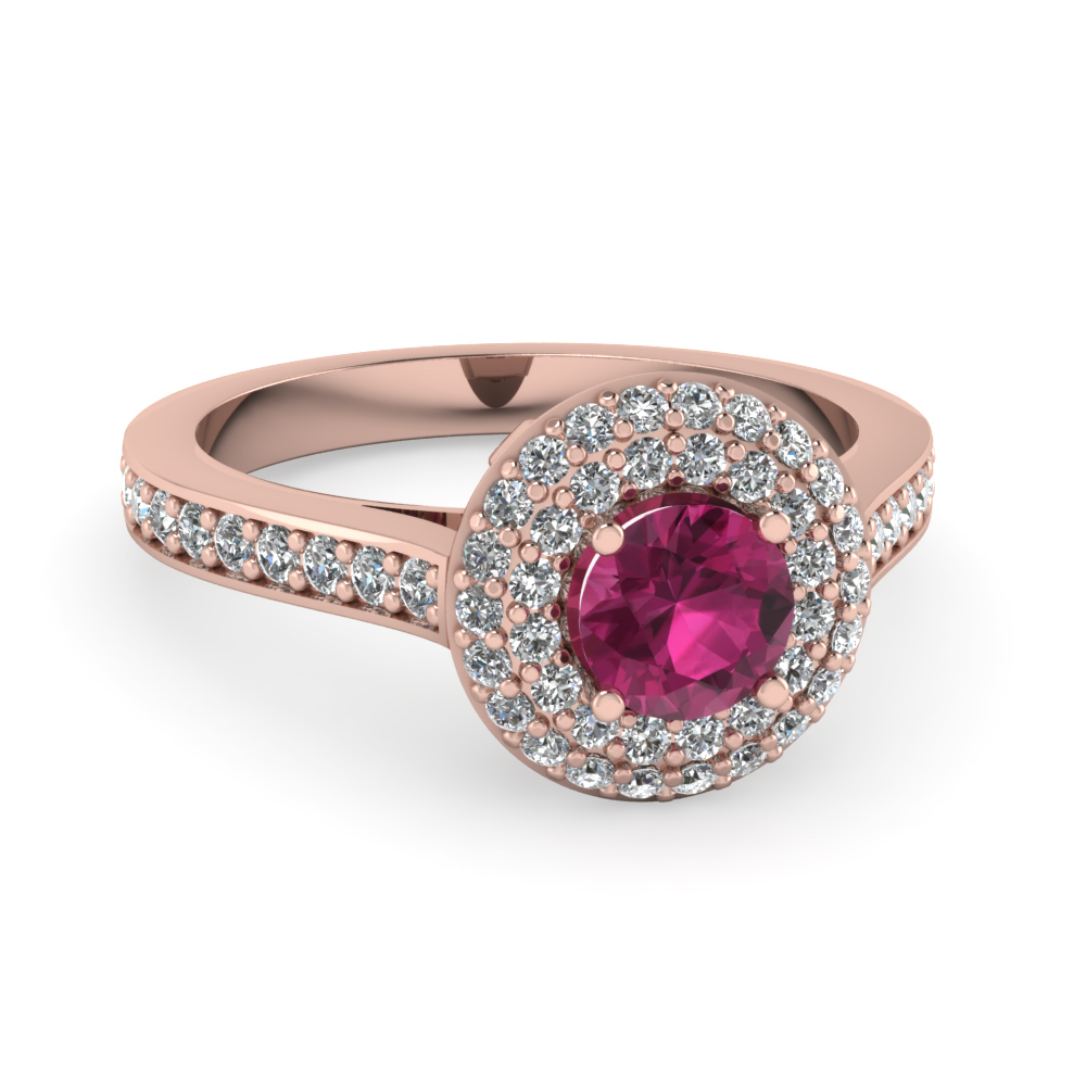 Pink Sapphire Pave Double Halo Colored Engagement Ring In 14K Rose Gold ...