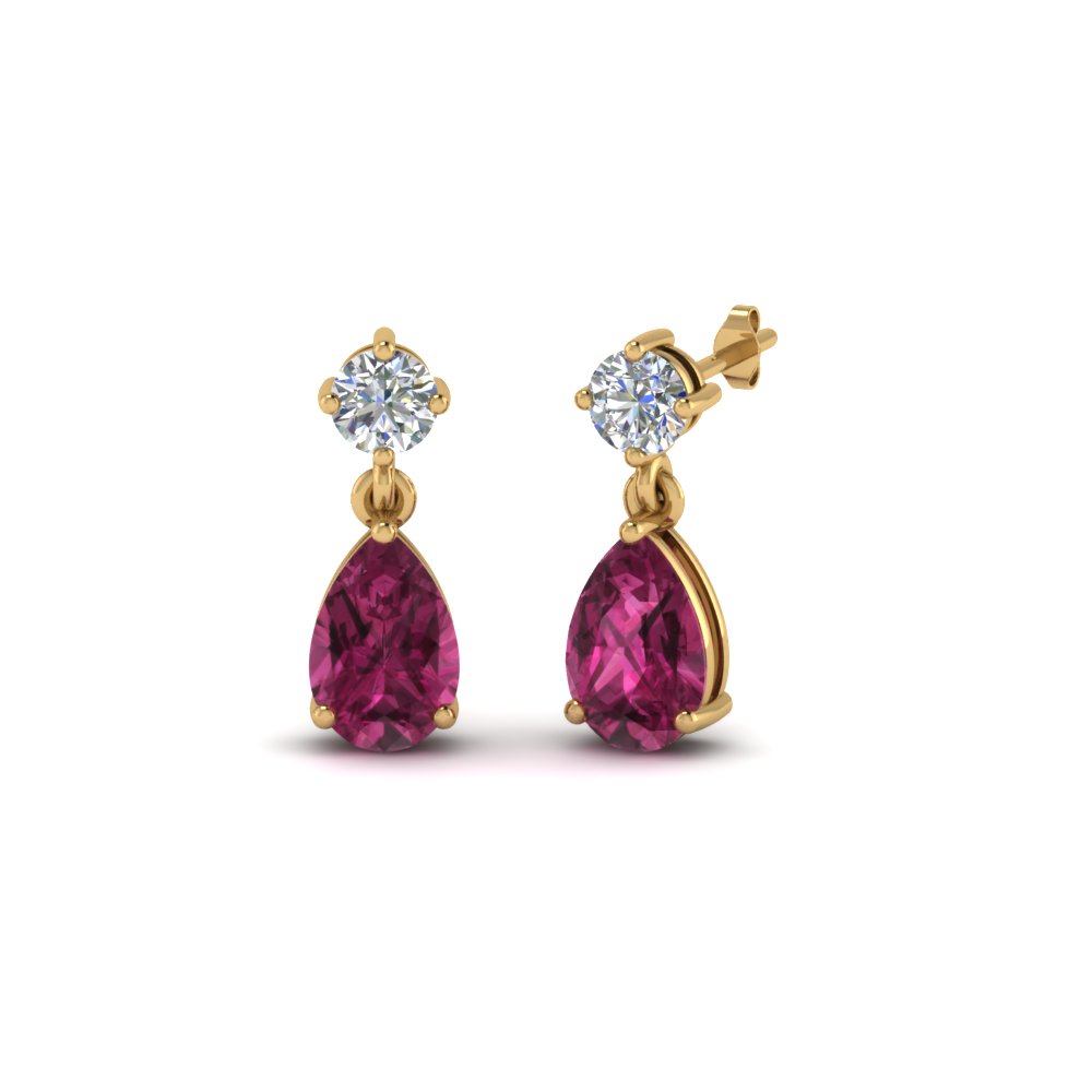 14Kt Yellow Gold Pink Sapphire Pear Bezel Dangle Earrings