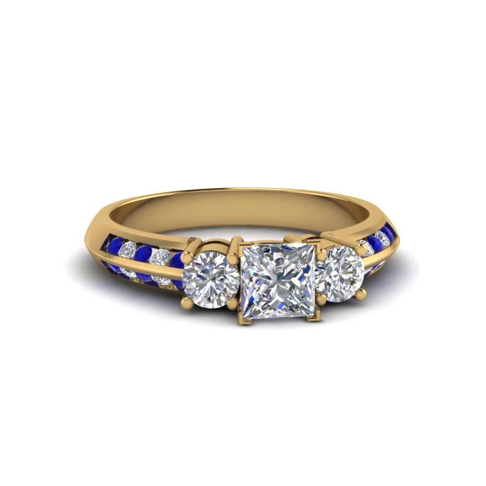 Princess Shaped  3 Stone Channel Accent Diamond Ring with Blue Sapphire 14K Yellow Gold