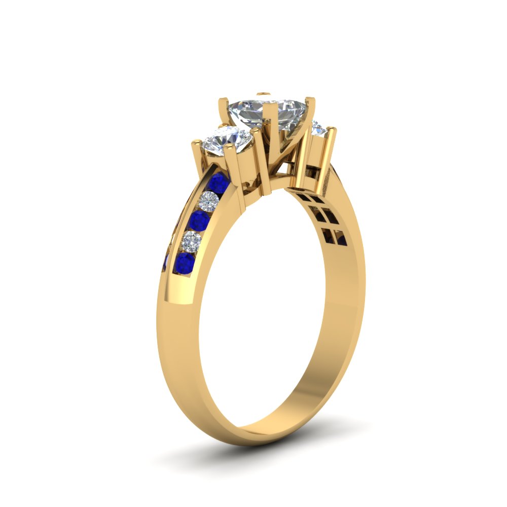 Princess Shaped  3 Stone Channel Accent Diamond Ring with Blue Sapphire 14K Yellow Gold