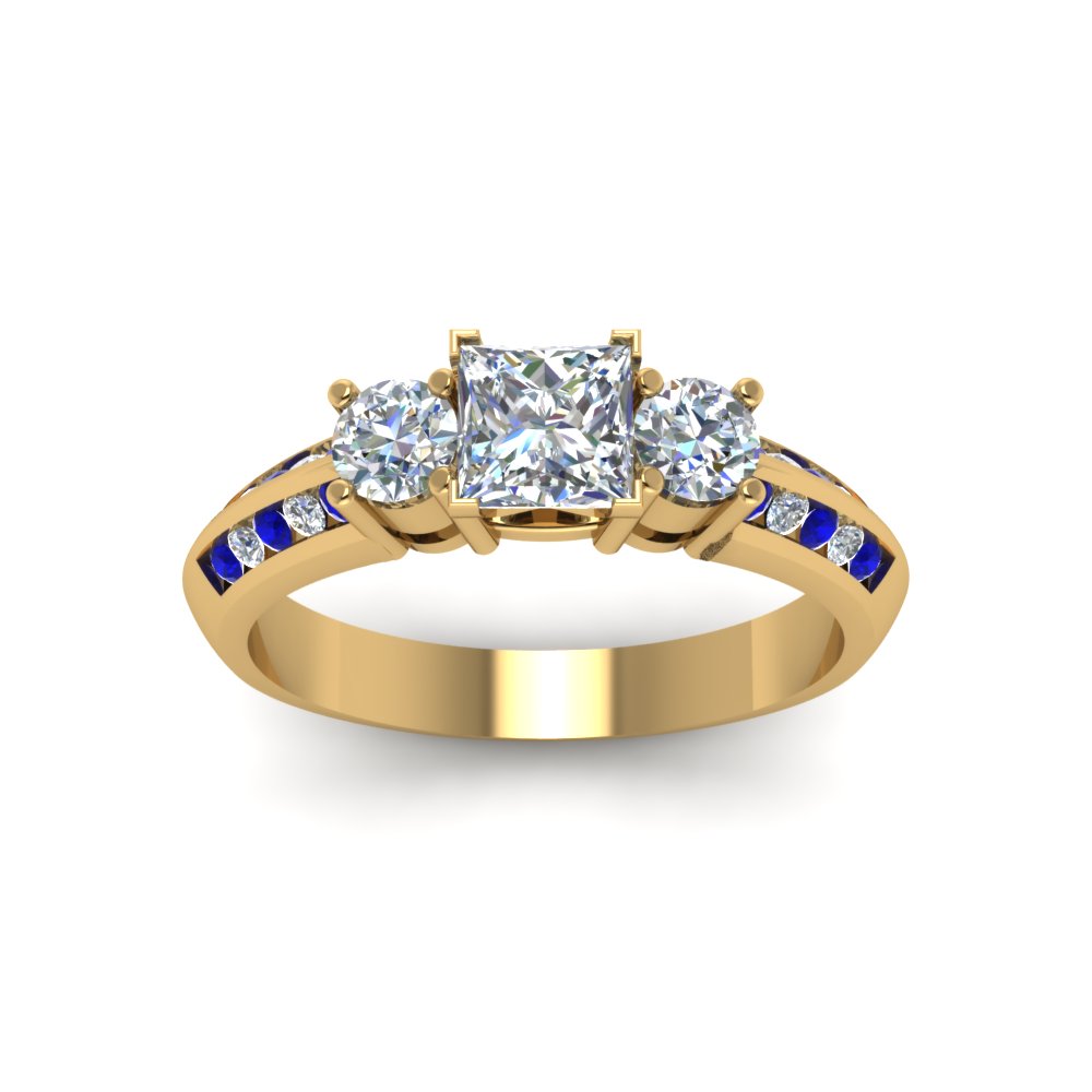 Princess Shaped  3 Stone Channel Accent Diamond Ring with Blue Sapphire 14K Yellow Gold