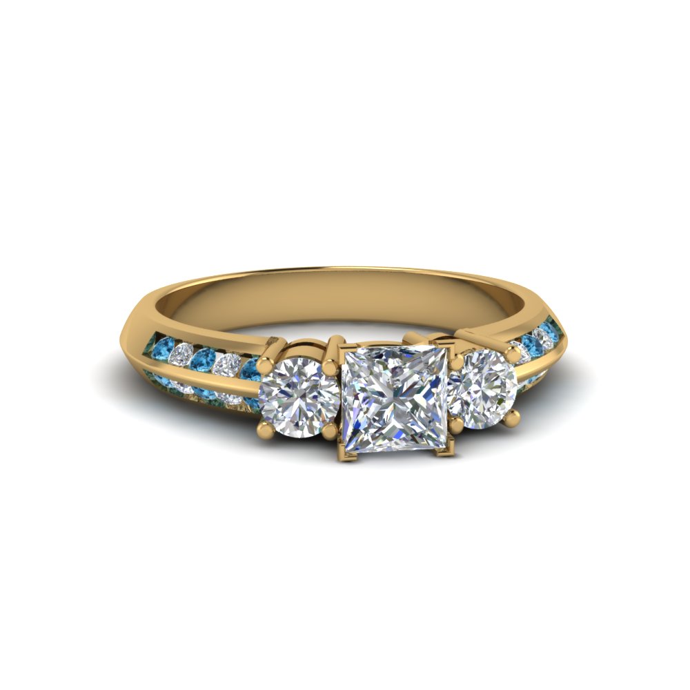 Princess Shaped 3 Stone Channel Accent Diamond Ring with Ice Blue Topaz 14K Yellow Gold