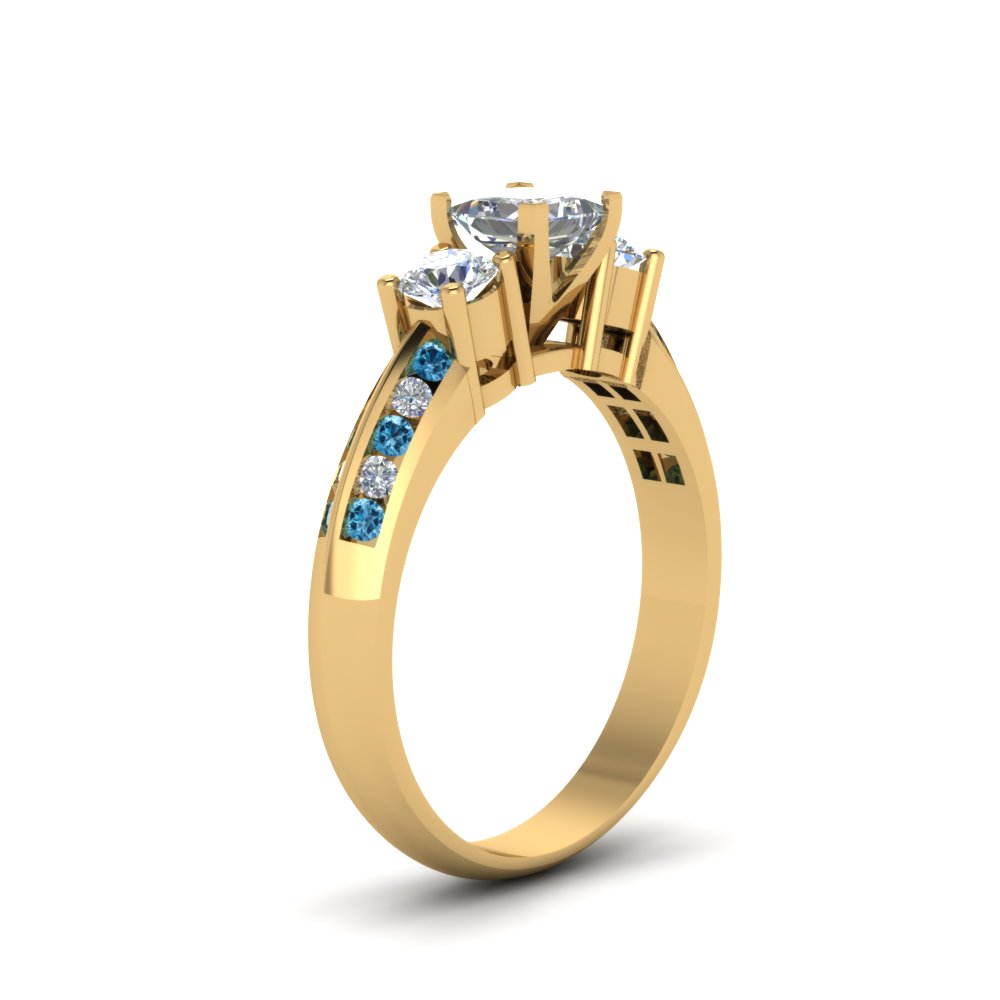 Princess Shaped 3 Stone Channel Accent Diamond Ring with Ice Blue Topaz 14K Yellow Gold