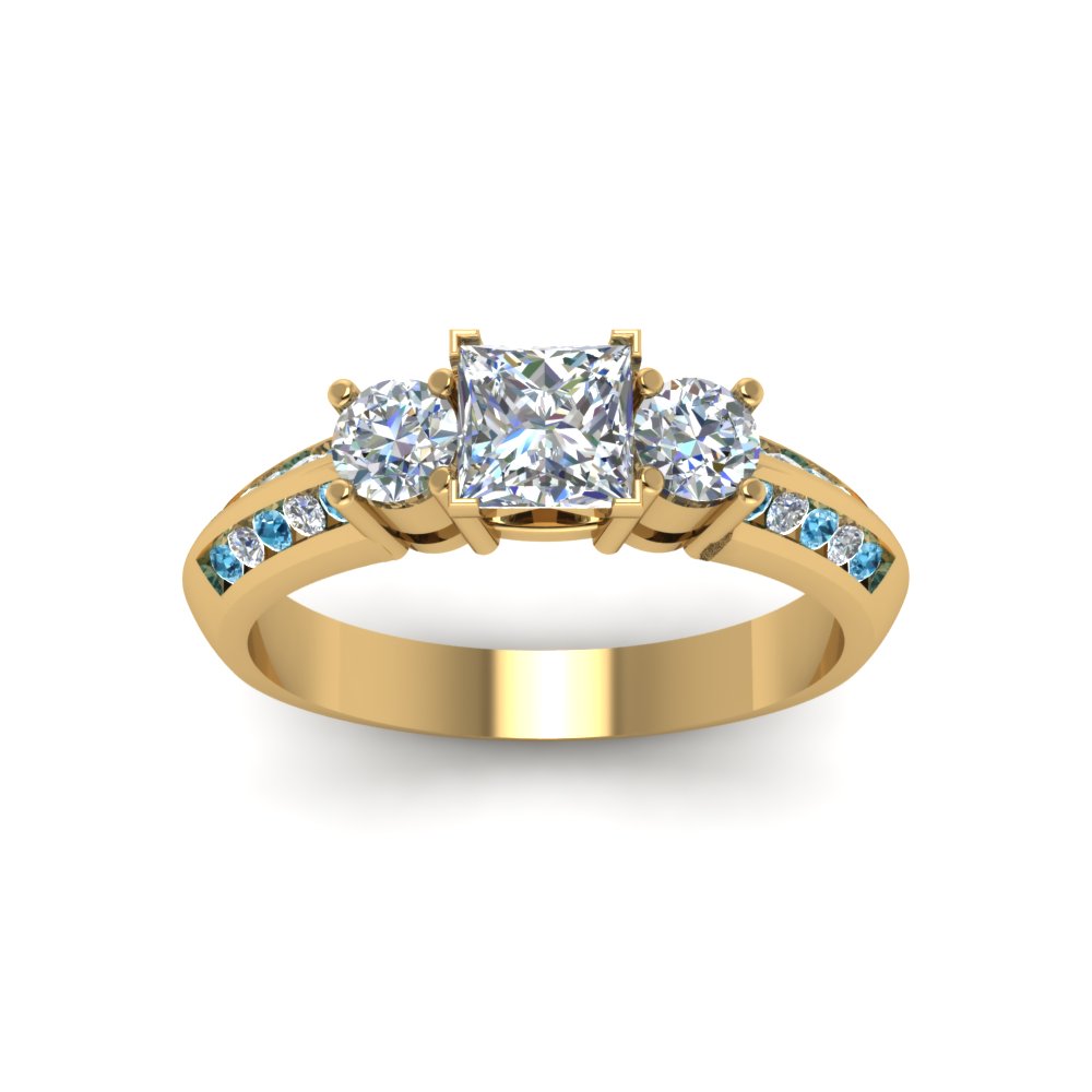 Princess Shaped 3 Stone Channel Accent Diamond Ring with Ice Blue Topaz 14K Yellow Gold