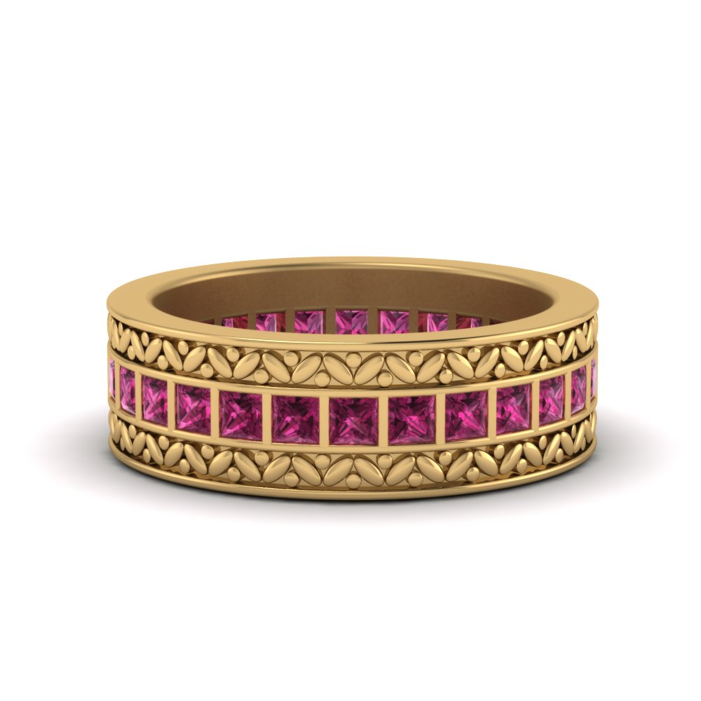 pink-sapphire-princess-cut-bar-set-engraved-wedding-band-in-FDEWB9050PRGSADRPI-NL-YG