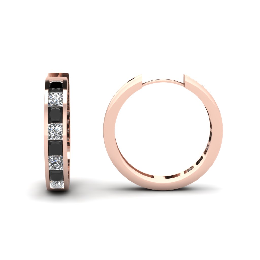 Princess Cut Black Diamond Charismatic Hoops Earrings With White Princess Cut Black Diamond Charismatic Hoops Earrings With