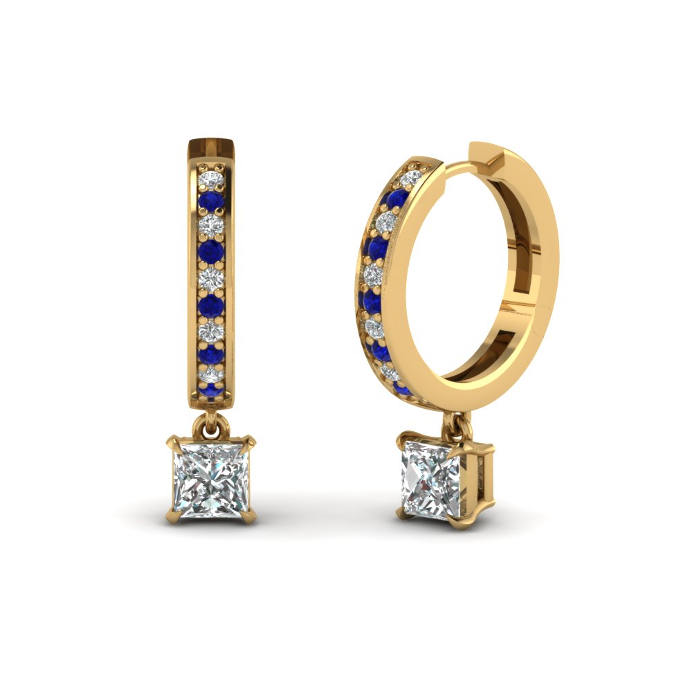 princess cut drop hoop diamond earring with sapphire in FDEAR1161PRGSABL NL YG