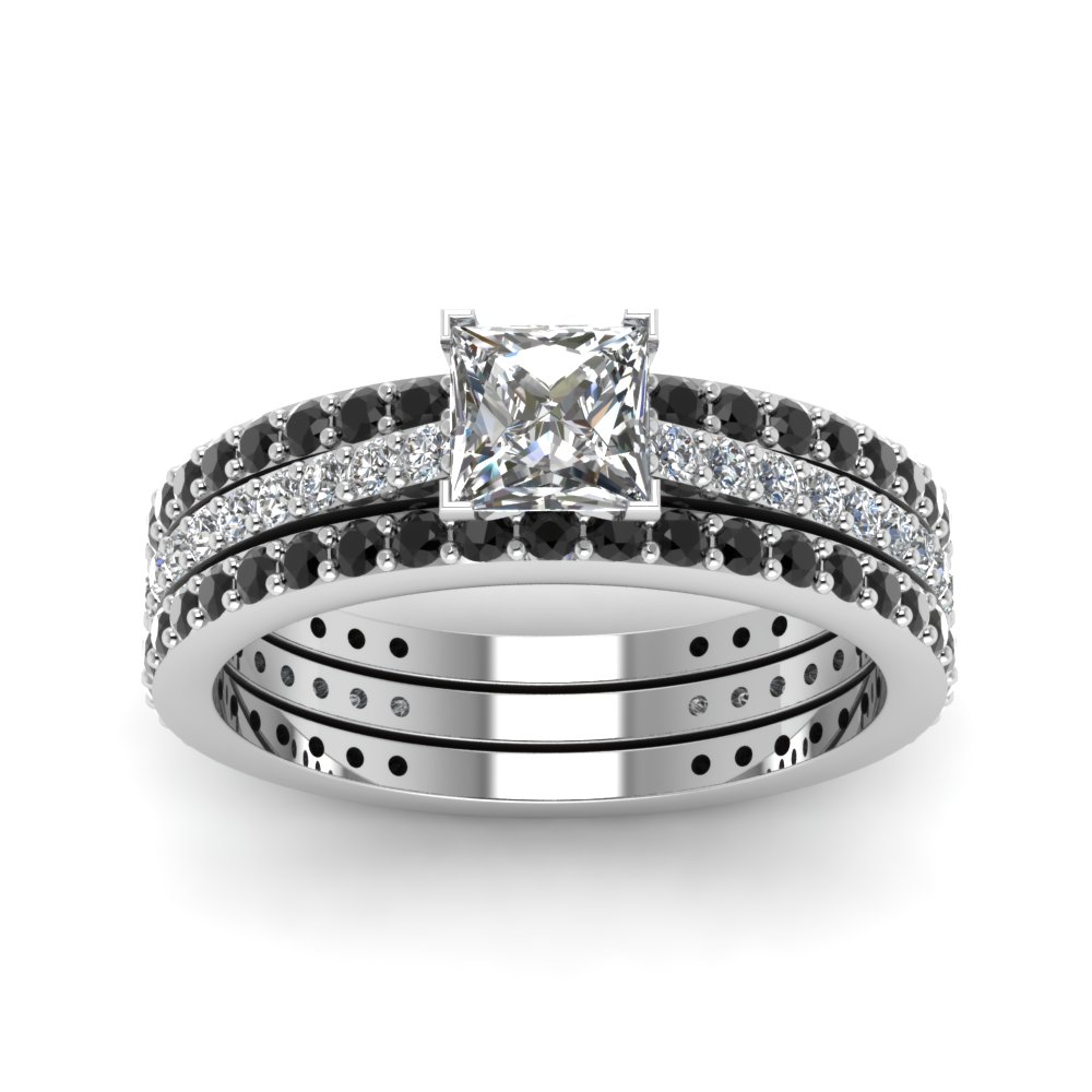 Princess Cut Eternity Trio Wedding Ring Set With Black