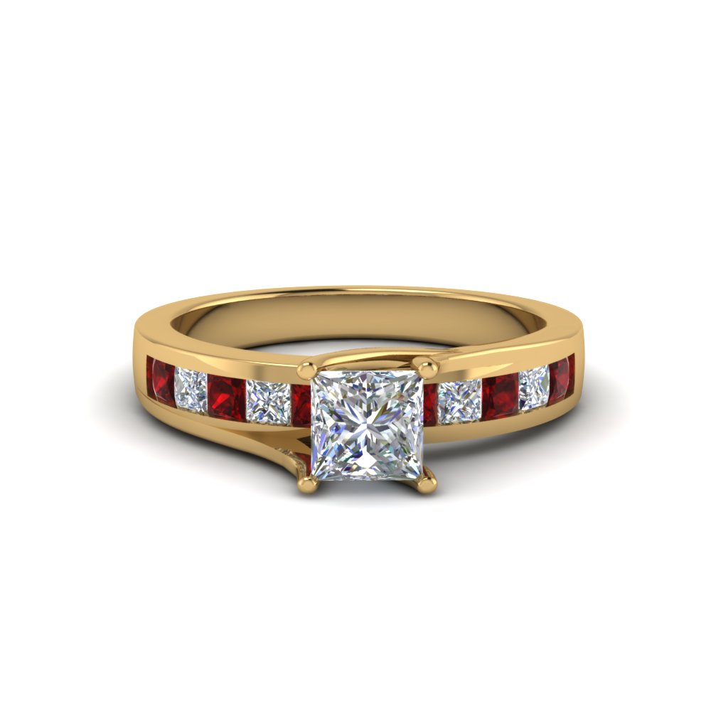 Princess Cut Channel Accent Diamond Engagement Ring With Ruby In 14K ...