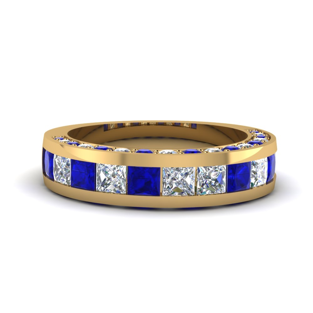 Princess Cut Channel Diamond Wedding Band With Sapphire In