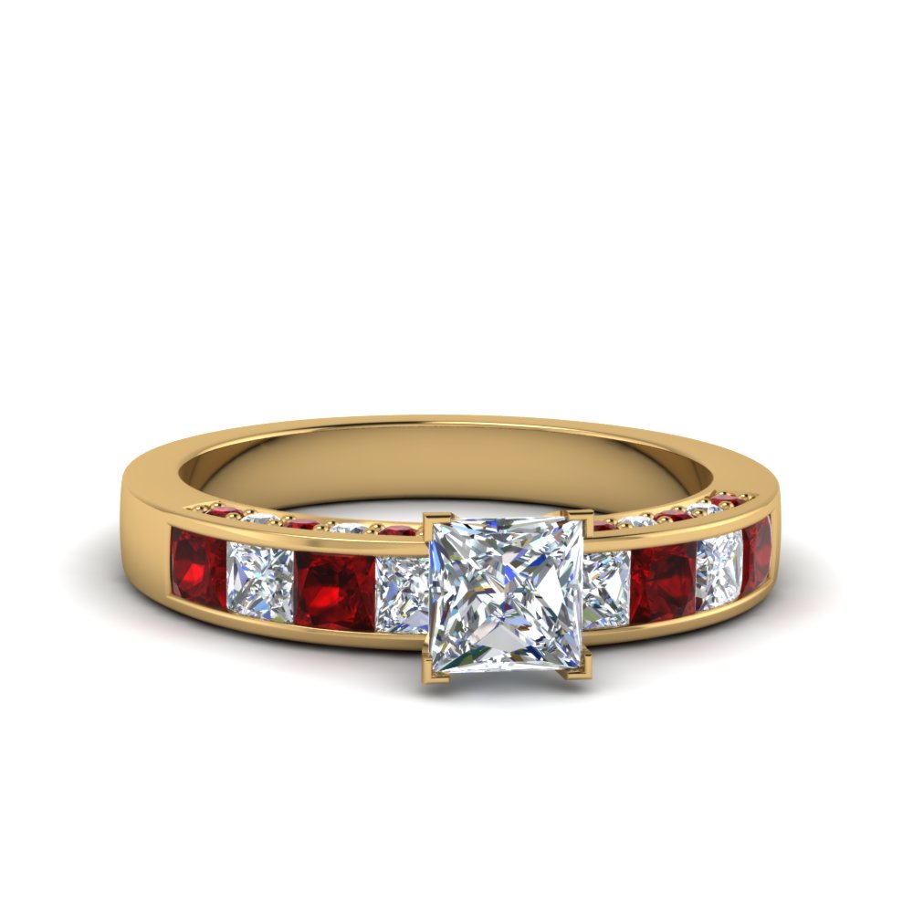 Princess Cut Channel Diamond Engagement Ring With Ruby In 14K Yellow ...