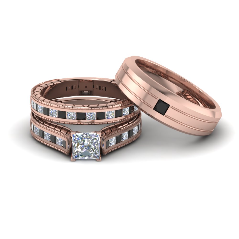 Princess Shaped Princess Cut Channel Matching Wedding Trio Set with Black Diamond in 14K Rose Gold