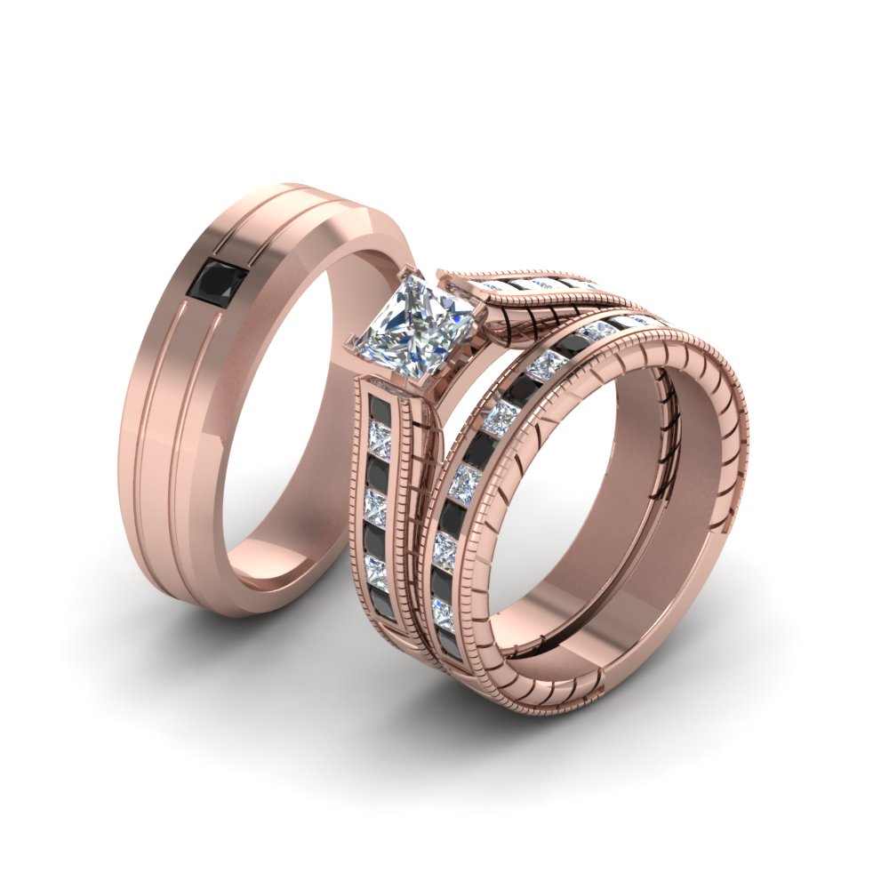 Princess Shaped Princess Cut Channel Matching Wedding Trio Set with Black Diamond in 14K Rose Gold