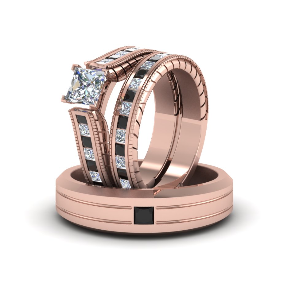 Princess Shaped Princess Cut Channel Matching Wedding Trio Set with Black Diamond in 14K Rose Gold