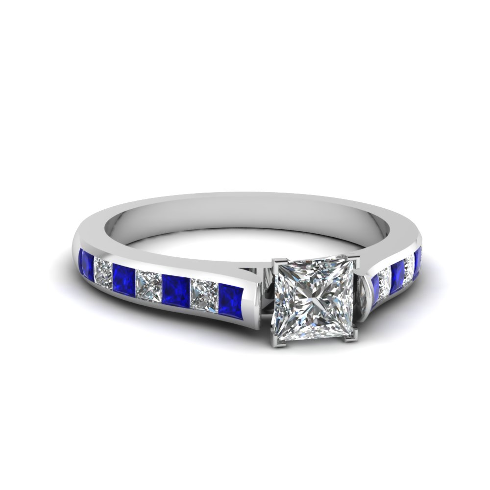 Princess Shaped Cathedral Channel Set Diamond Ring with Blue Sapphire 14K White Gold