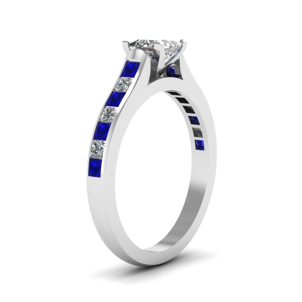 Princess Shaped Cathedral Channel Set Diamond Ring with Blue Sapphire 14K White Gold