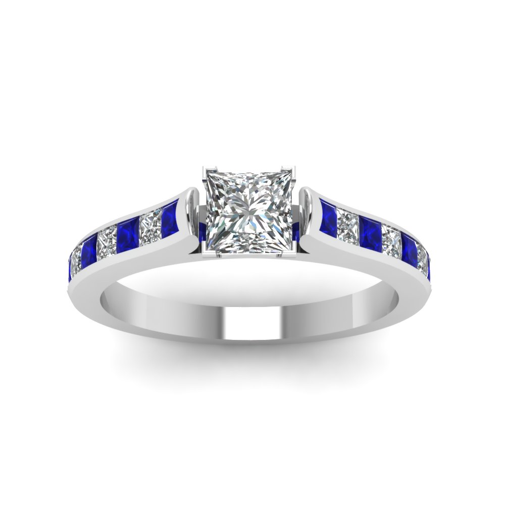 Princess Shaped Cathedral Channel Set Diamond Ring with Blue Sapphire 14K White Gold