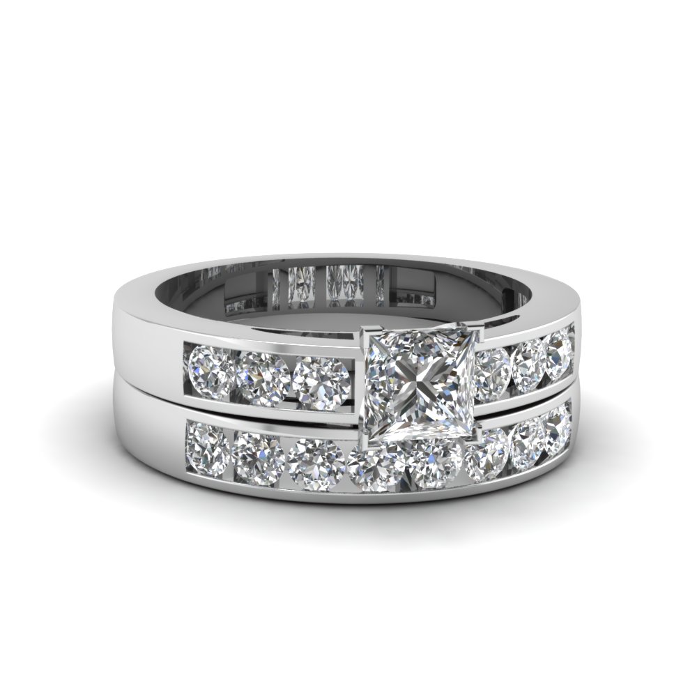 Princess Cut Channel Set Diamond Wedding Ring Sets In 14K