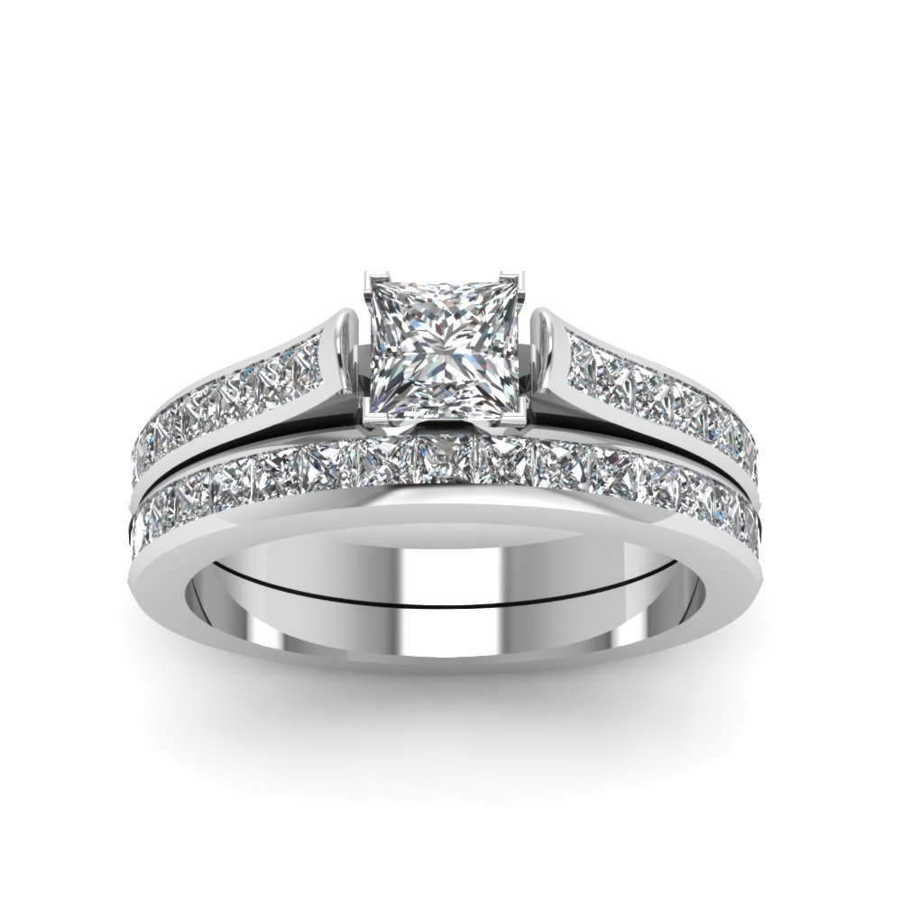 Princess Cut Channel Set Diamond Wedding Ring Sets In 14K White Gold ...