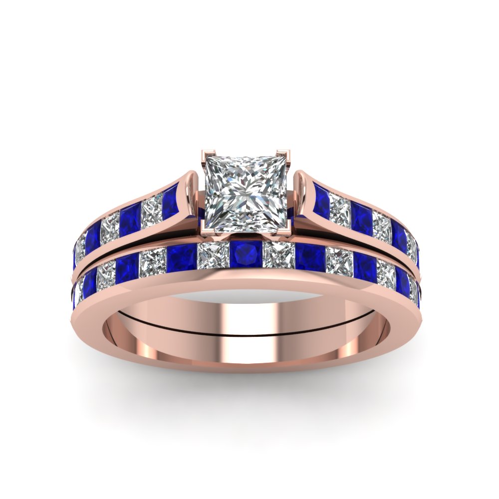 Princess Cut Channel Set Diamond Wedding Ring Sets With Blue Sapphire In 14K Rose Gold FDENS877PRGSABLANGLE5 NL RG 30 