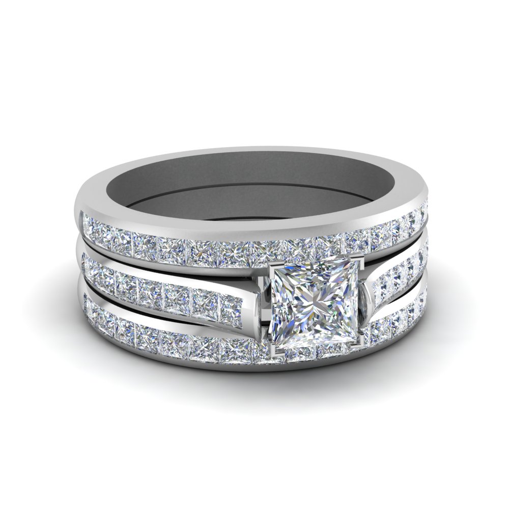 Channel Princess Cut Trio Wedding Ring Set In 14K White Gold ...