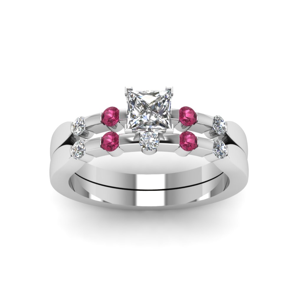 Delicate Princess Cut Diamond Wedding Ring Set With Pink