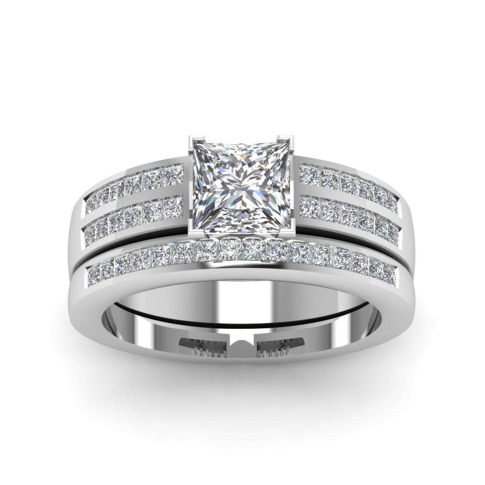 Channel 2 Row Princess Cut Diamond Wedding Ring Set In 14K White Gold ...