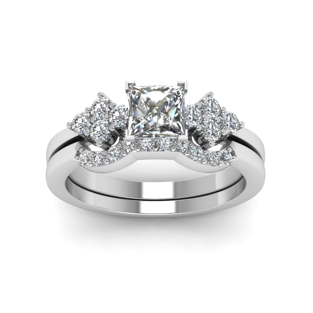 Princess Shaped Unique Bridal Ring Set with White Diamond 14K White Gold