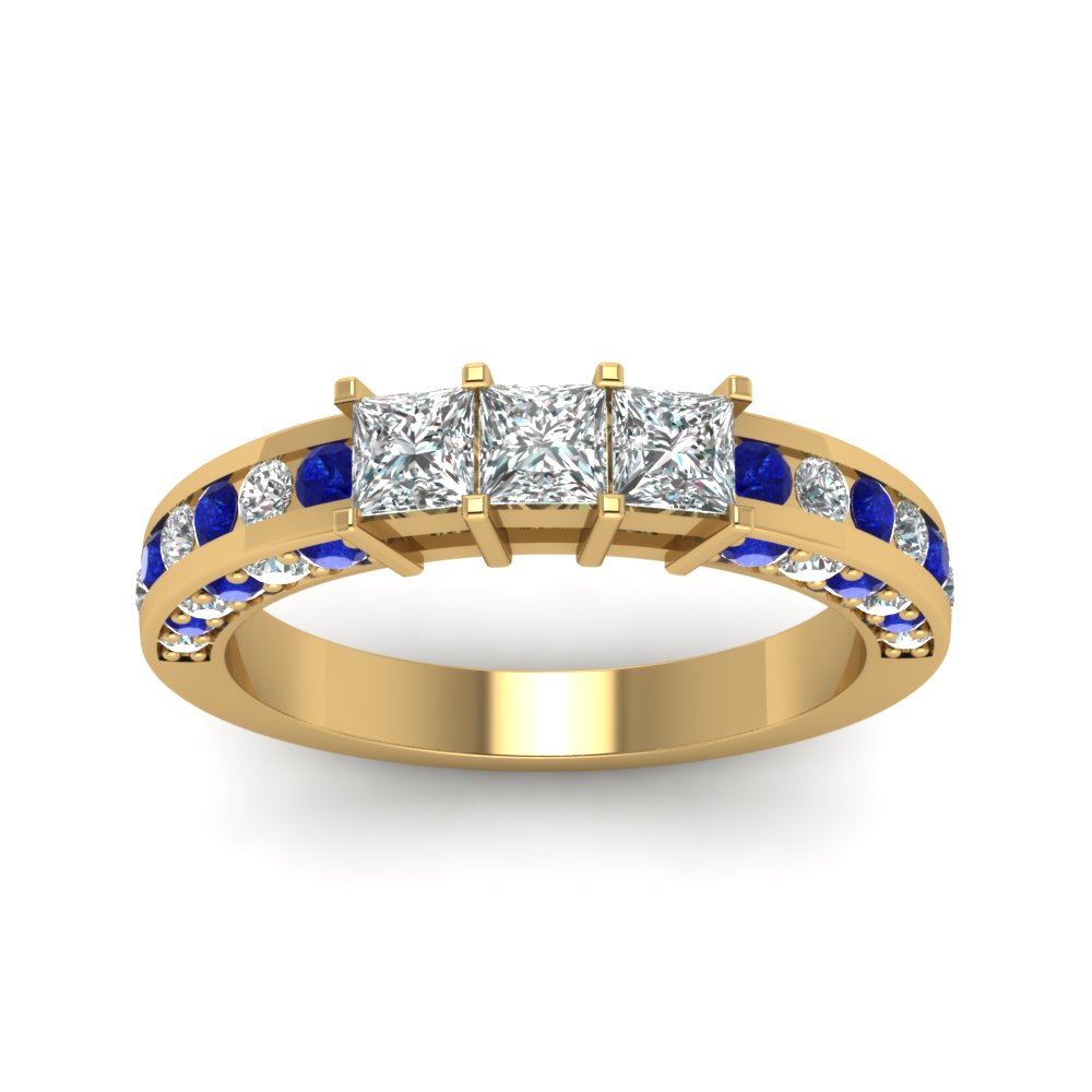 Princess Cut Diamond Wedding Band For Her With Sapphire In