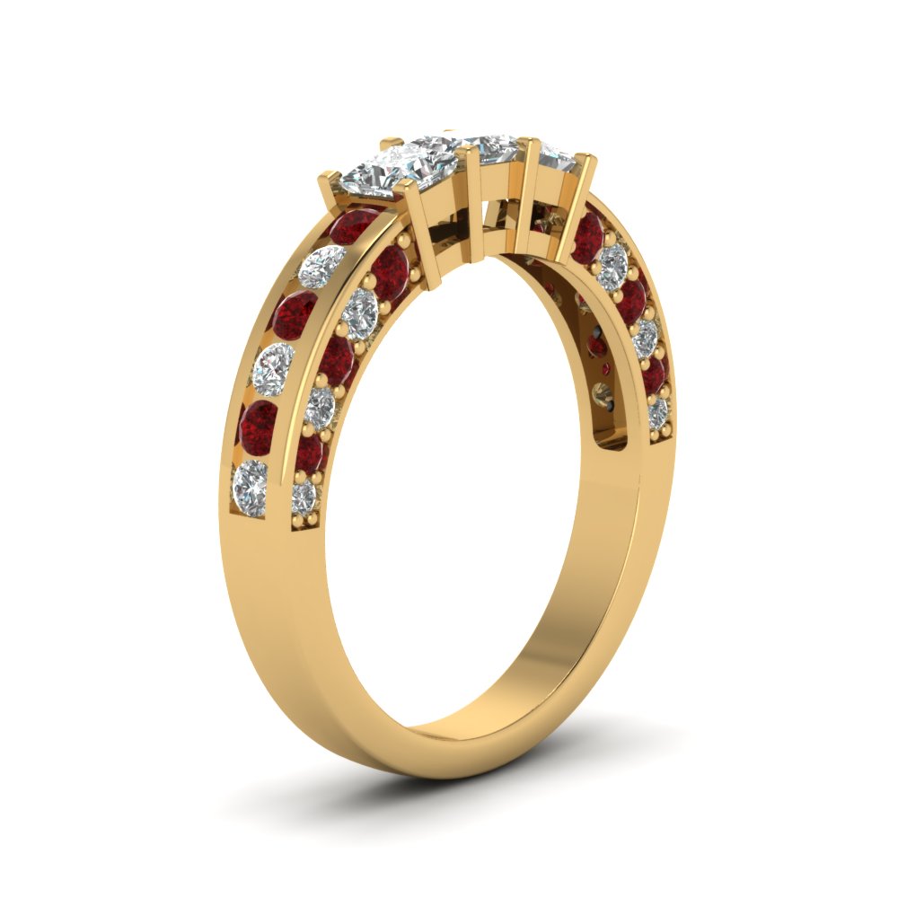Princess Cut Diamond Wedding Band For Her With Ruby In 14K