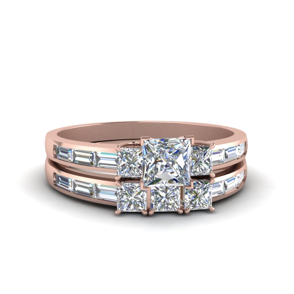 Princess Cut Channel Baguette 3 Stone Diamond Wedding Set