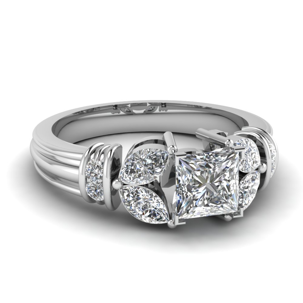 Antique Design Princess Cut Diamond Engagement Ring In 14K White Gold ...