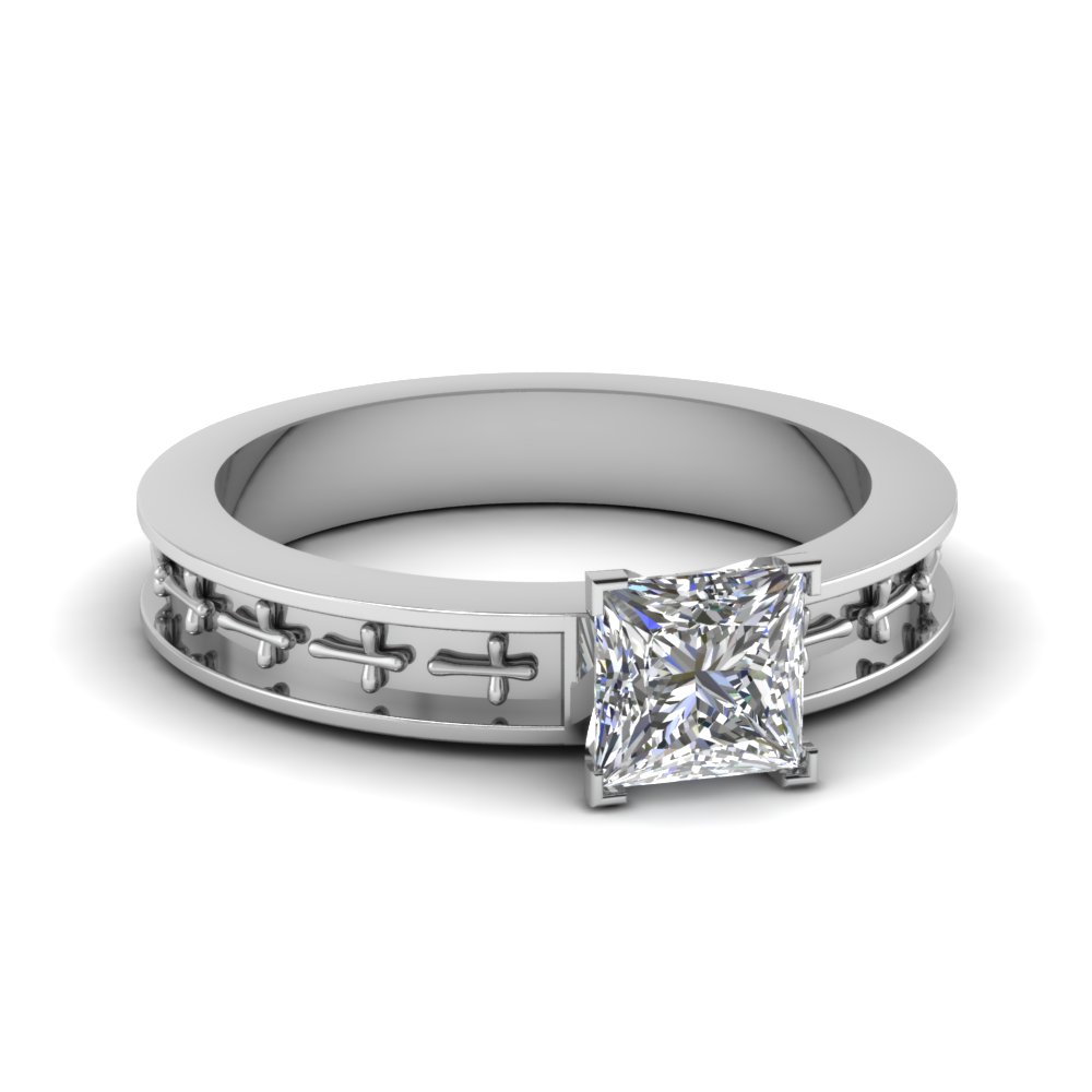 Cross Engraved Princess Cut Solitaire Engagement Ring In 18K White Gold ...