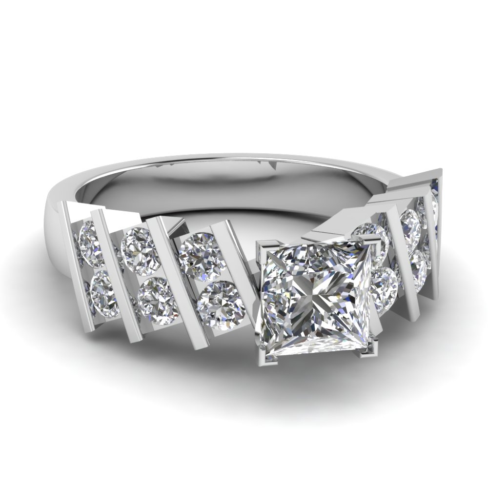 1.50 Ct. Princess Cut Channel Bar Accent Diamond Engagement Ring In 14K ...